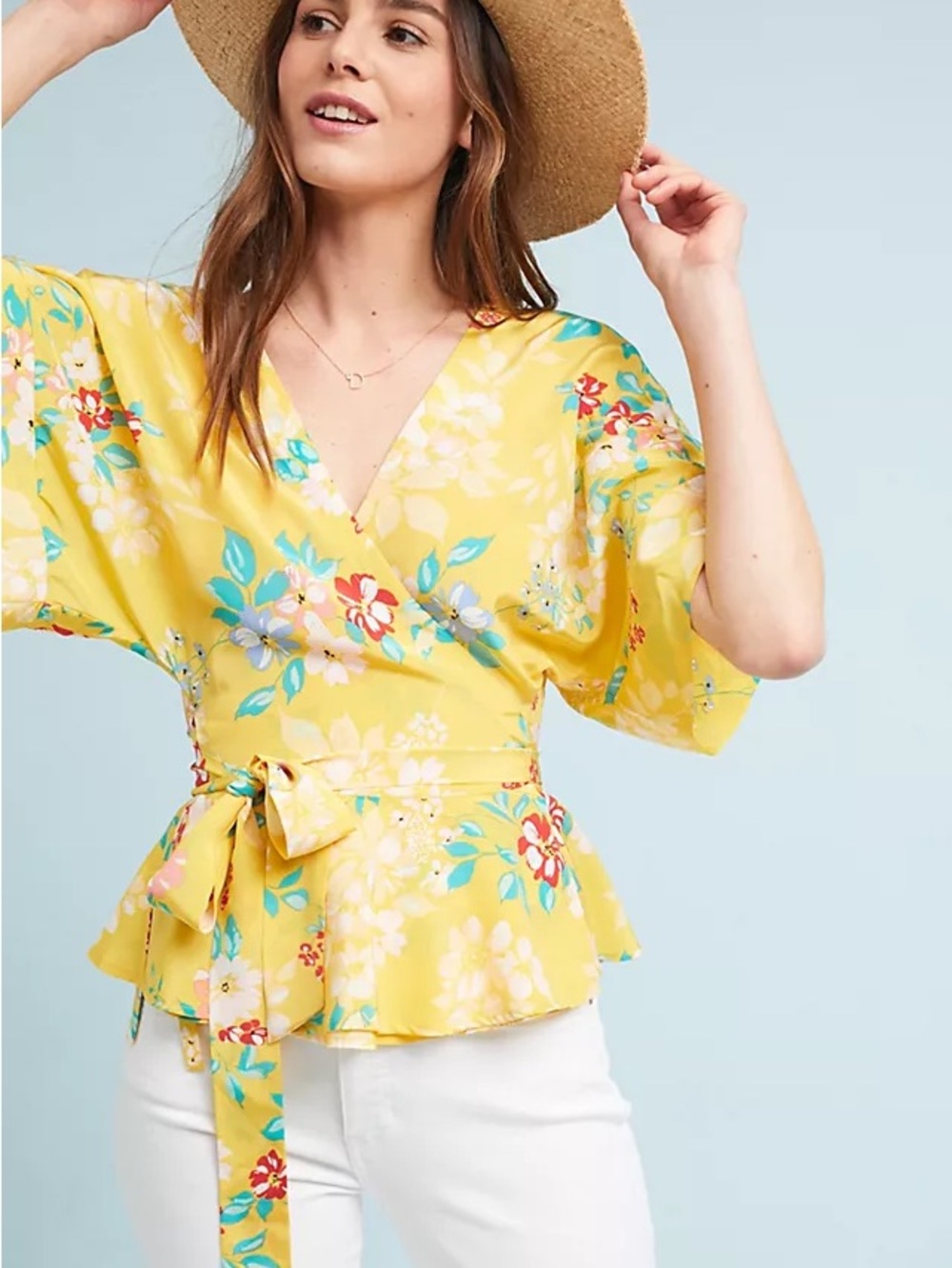 Anthropologie Yumi Kim Yellow Floral Wrap Peplum Top Size XS